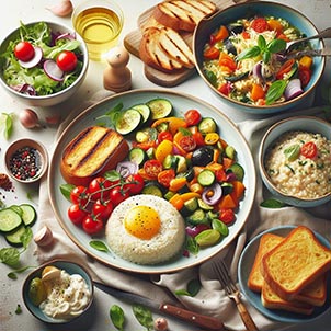 Un plato de ensalada, otro plato de ratatouille, otro plato de risotto y otro plato con torrijas